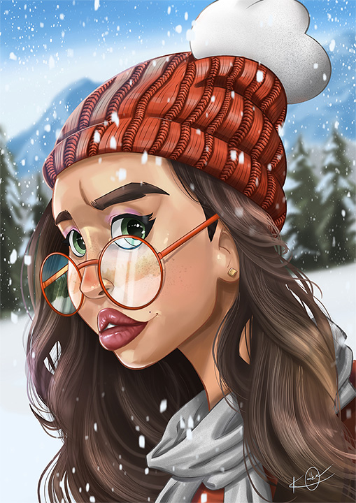 Girl outdoors by mountaIn Illustration